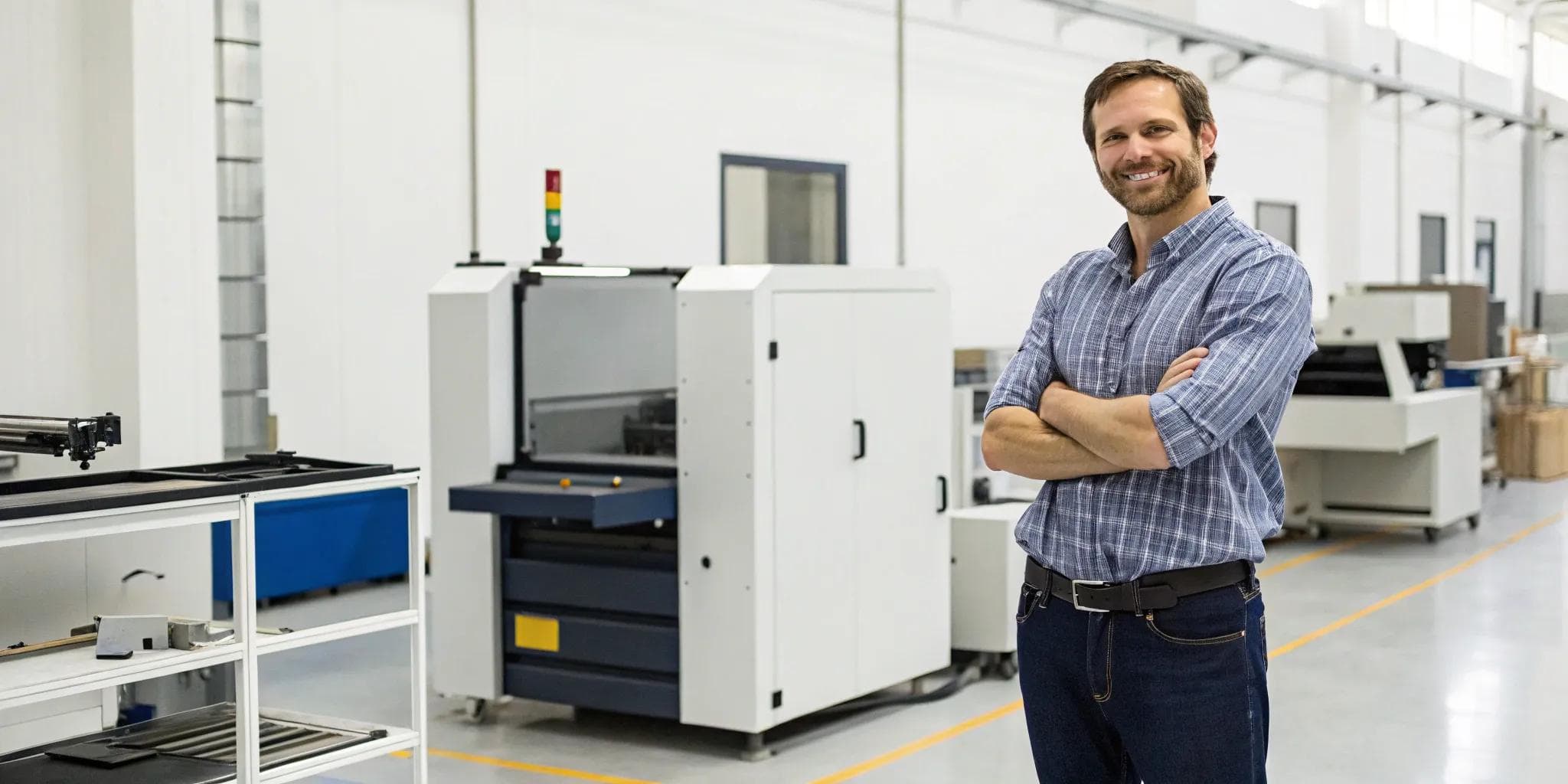 A business owner stands by industrial machinery financed with a 10-year equipment loan.