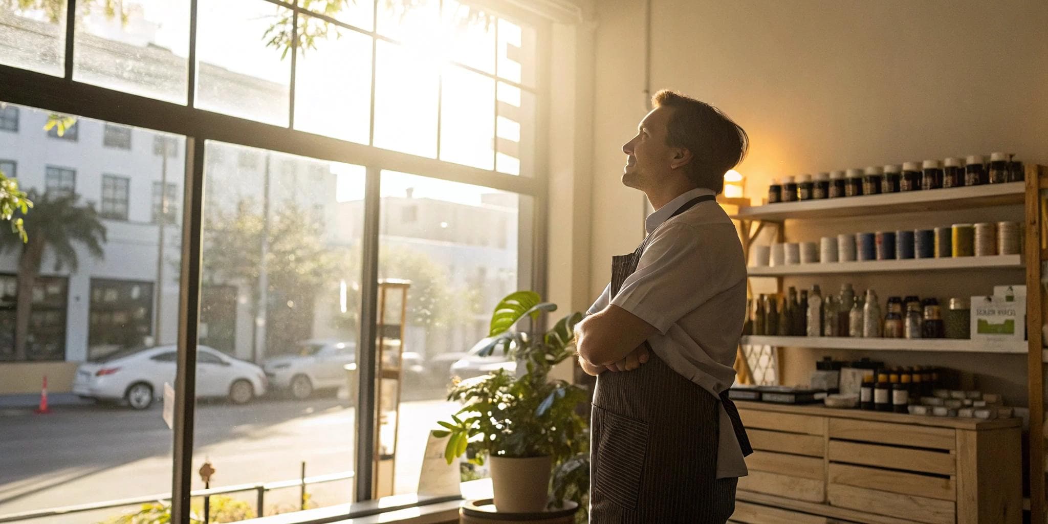 Small business owner in an apron considering a cash flow loan for their shop.